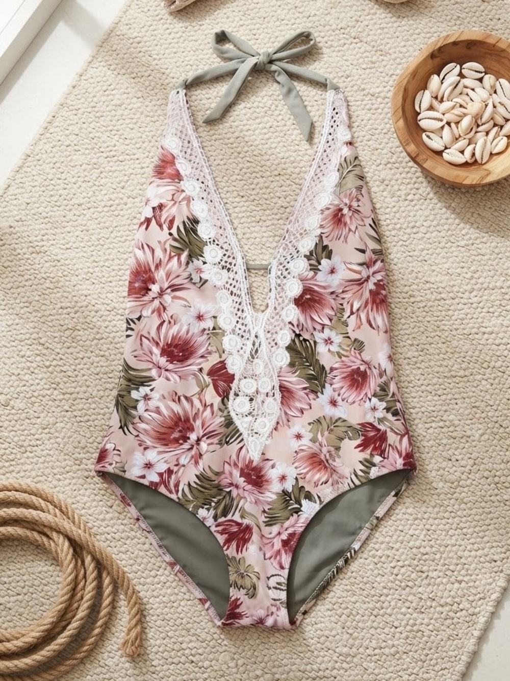 KONA SOL Boho Floral Halter Swimsuit | White Lace Crochet Plunging V-Neck